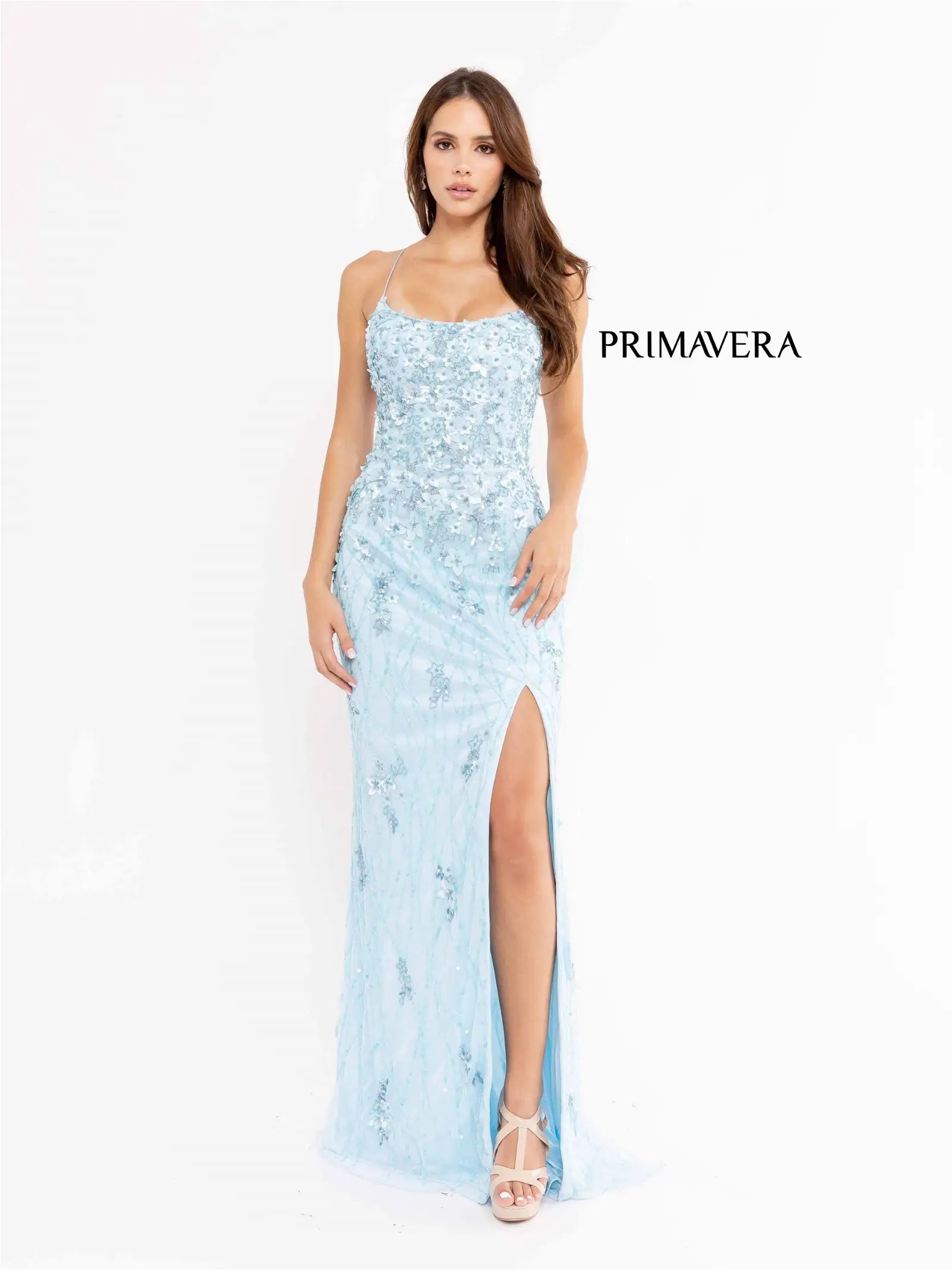 Primavera Couture 3917 Long Fitted Backless Beaded 3D Floral Sequin Corset Prom Dress Slit  Sizes: 000-24  Colors: Powder Blue, Red, Purple