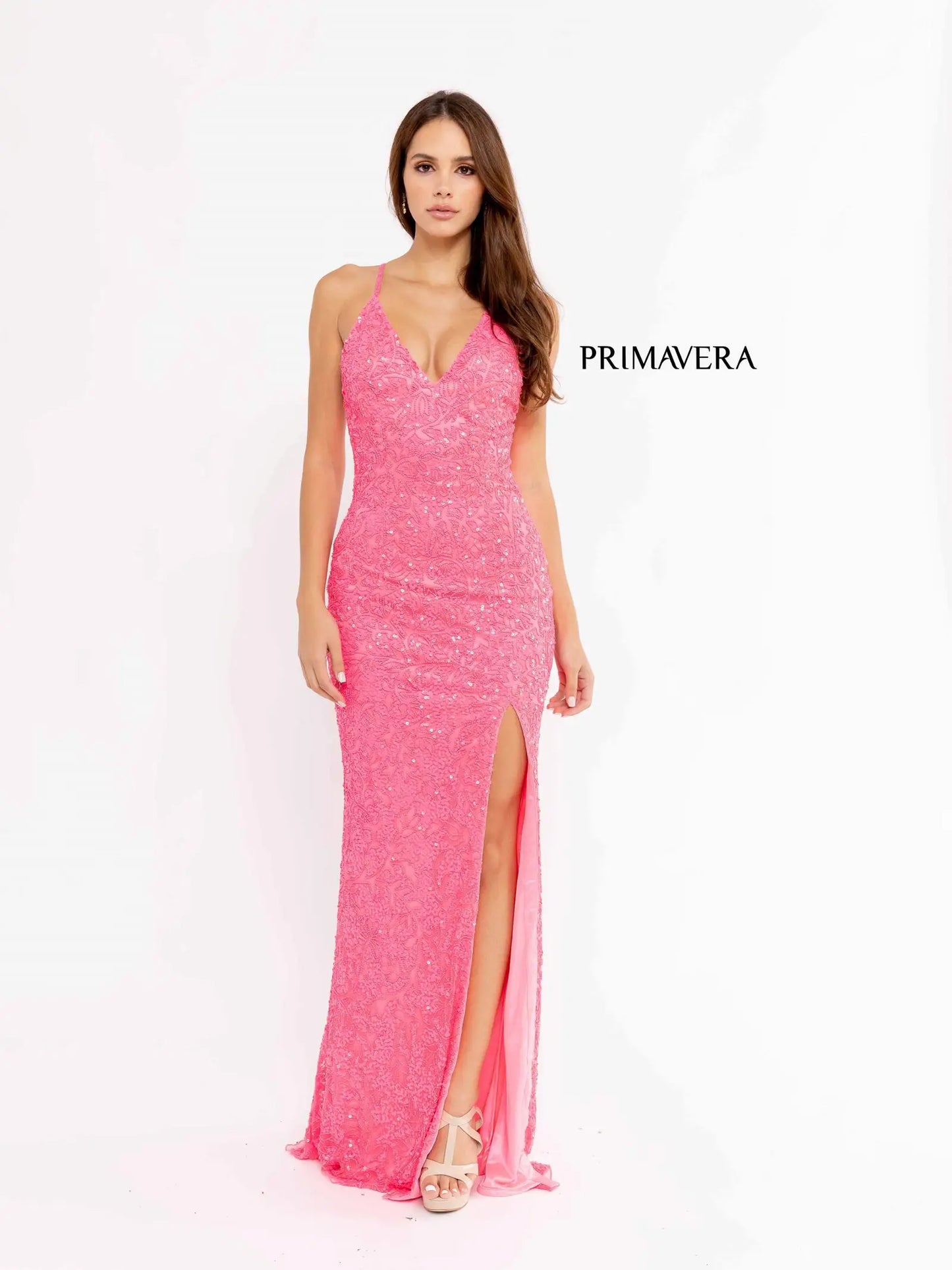 Primavera Couture 3938 Prom Dress Long Beaded Gown. This gown has a open back.