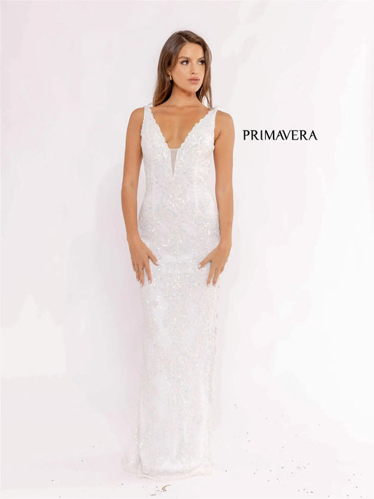 Primavera Couture 3953 Long Beaded Sequin Side Slit Prom Dress Formal Pageant Gown V Neck Backless lace embellished   Sizes: 000,00,0,2,4,6,8,10,12,14,16,18,20,22,24  Colors: Royal Blue, Ivory