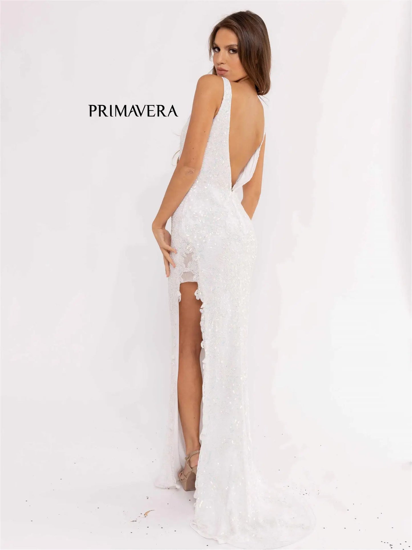 Primavera Couture 3953 Long Beaded Sequin Side Slit Prom Dress Formal Pageant Gown V Neck Backless lace embellished   Sizes: 000,00,0,2,4,6,8,10,12,14,16,18,20,22,24  Colors: Royal Blue, Ivory