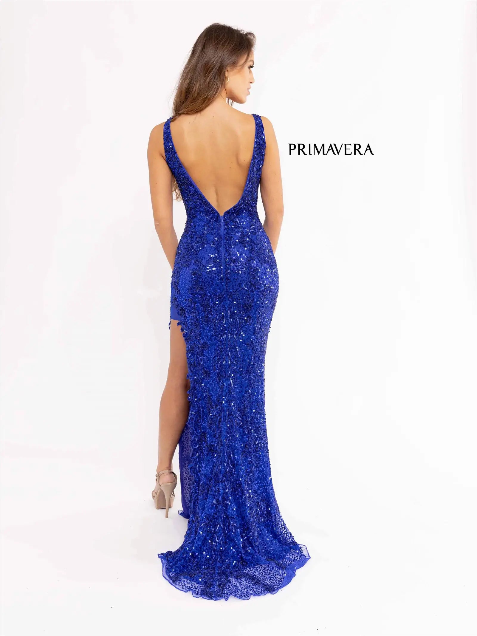 Primavera Couture 3953 Long Beaded Sequin Side Slit Prom Dress Formal Pageant Gown V Neck Backless lace embellished   Sizes: 000,00,0,2,4,6,8,10,12,14,16,18,20,22,24  Colors: Royal Blue, Ivory