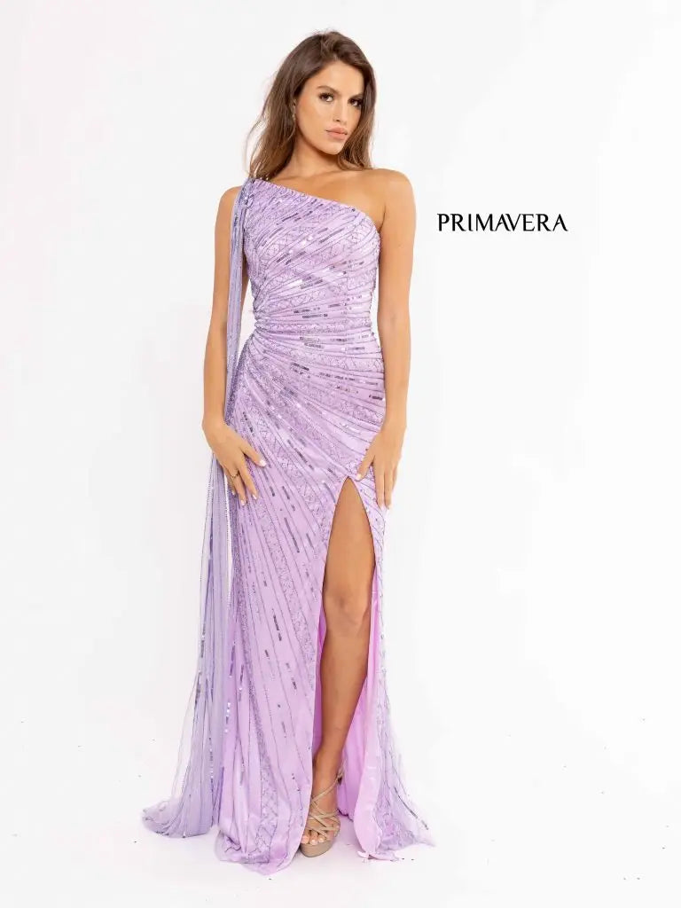 Primavera Couture 3956 Long Fitted Beaded One Shoulder Cape Prom Dress Slit Pageant Gown  Sizes: 000-24  Colors: Lilac, Black