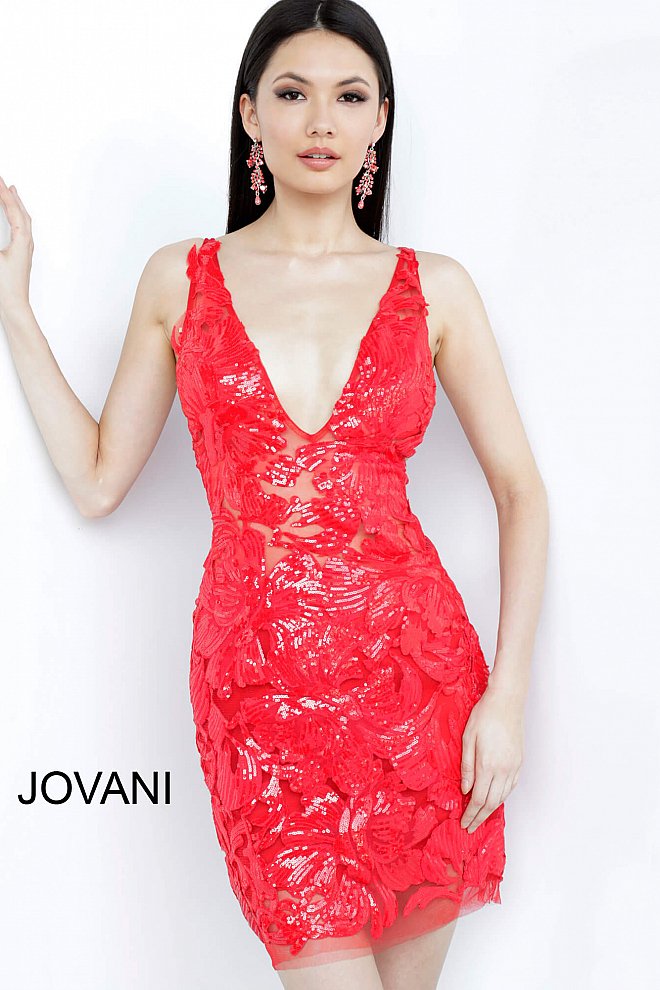 Jovani 4552 Short V-Neck Fitted Sequin Cocktail Dress Sheer Sequin Lace. Experience a sparkling night in the Jovani 4552 dress. Elegantly designed with a V-neckline and fitted silhouette, it is crafted from sheer sequin lace and finished with sparkling sequin detailing for added shine. Perfect for cocktail or evening events.