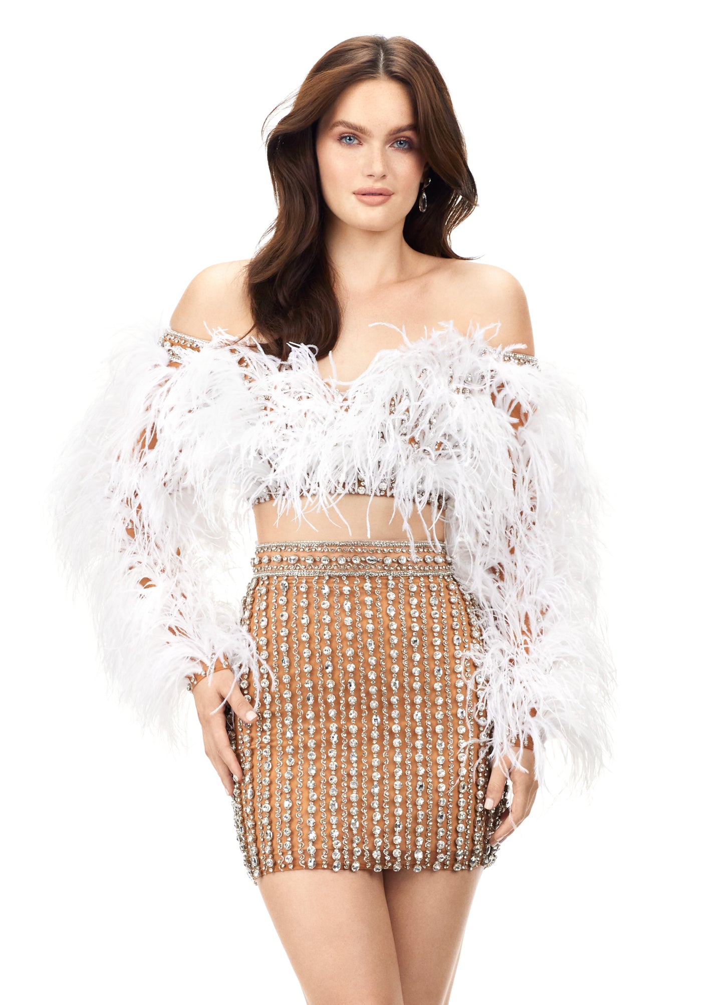 Ashley Lauren 4562 Two Piece Cocktail Dress with Beaded Skirt and Feathers