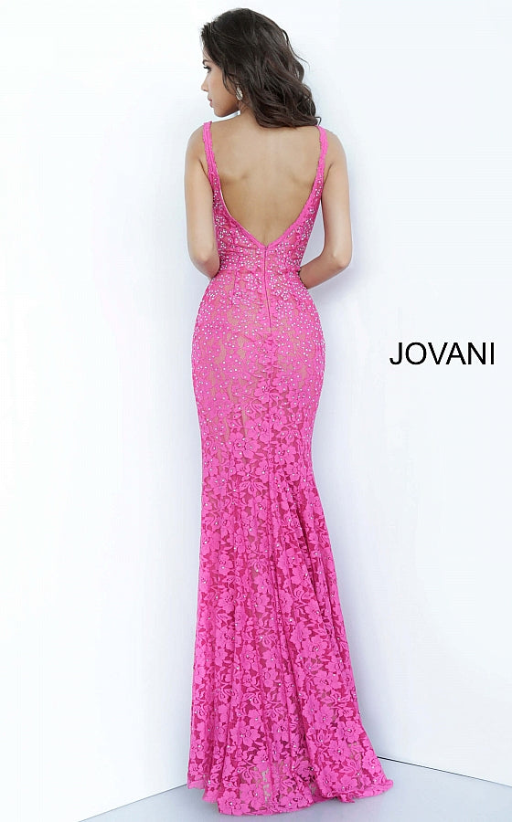 Jovani 48994 Prom Dress stretch lace embellished with heat set stones, fitted silhouette, evening gown, straps over shoulders, plunging v neckline with sheer mesh, and sheer mesh inserts along the sides, sweeping train low v back pageant gown. 