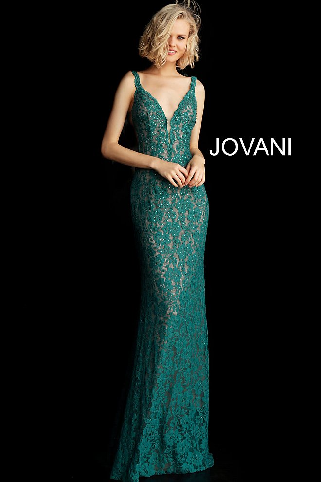 Jovani 48994 Prom Dress stretch lace embellished with heat set stones, fitted silhouette, evening gown, straps over shoulders, plunging v neckline with sheer mesh, and sheer mesh inserts along the sides, sweeping train low v back pageant gown. 