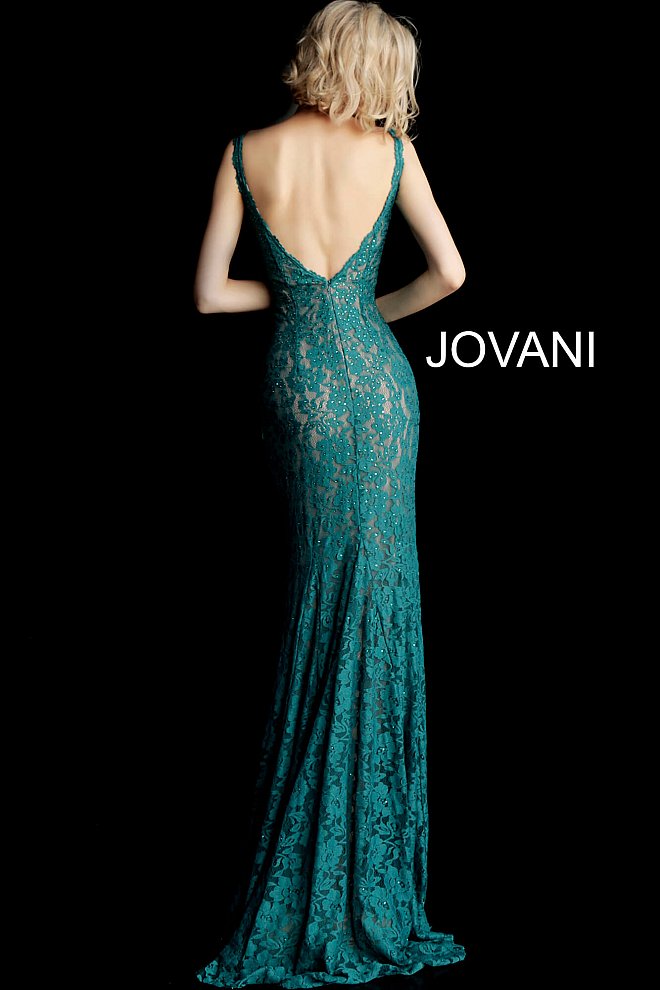 Jovani 48994 Stretch lace prom dress embellished with heat set stones, nude underlay, fitted silhouette, straps over shoulders, plunging v neckline with sheer mesh, sheer mesh inserts along the sides, sweeping train, low v back. Makes an excellent pageant gown or evening gown. 