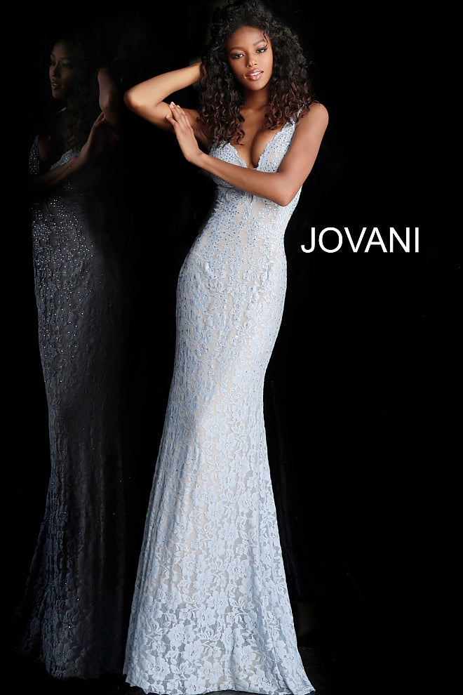 Jovani 48994 Prom Dress stretch lace embellished with heat set stones, fitted silhouette, evening gown, straps over shoulders, plunging v neckline with sheer mesh, and sheer mesh inserts along the sides, sweeping train low v back pageant gown. 