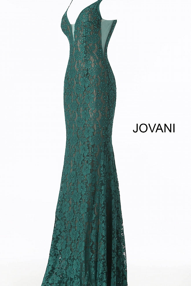 Jovani 48994 Stretch lace prom dress embellished with heat set stones, nude underlay, fitted silhouette, straps over shoulders, plunging v neckline with sheer mesh, sheer mesh inserts along the sides, sweeping train, low v back. Makes an excellent pageant gown or evening gown. 