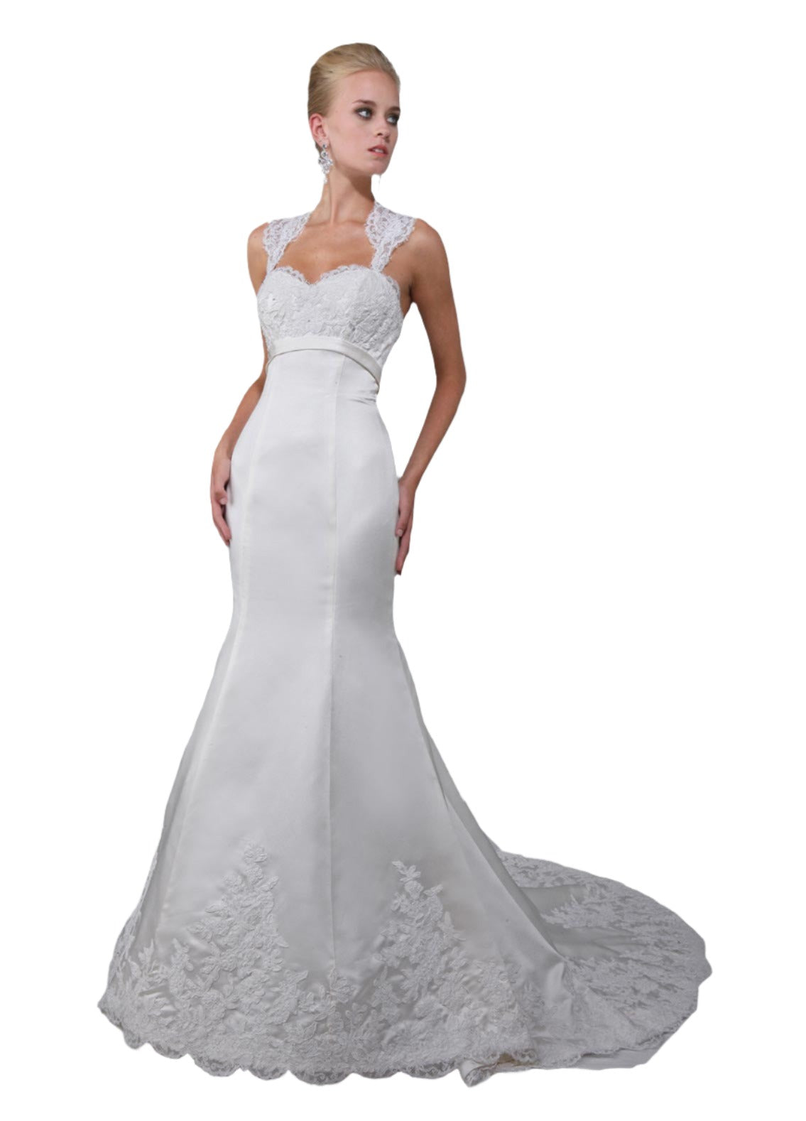 DaVinci Wedding Dress 50083 Available in Size 4 White satin&nbsp;  Fit and flare gown with a lace bust, sweetheart neckline and lace straps that extend into a keyhole back. Satin trim at empire waist leads into a satin skirt with a lace hem and a zipper back. Bridal Fit &amp; Flare with sheer lace straps and a keyhole cutout back. sweeping train.&nbsp;