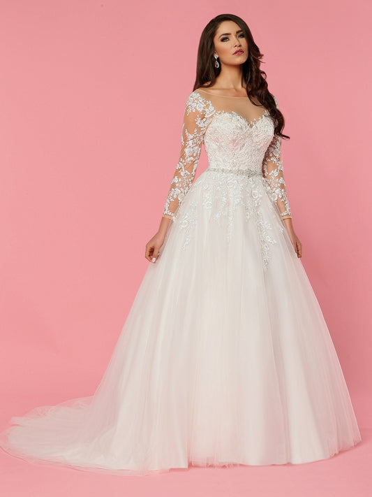 Davinci Bridal 50470 Embellished Lace Tulle Ballgown Wedding Dress Sheer Sleeve Neckline