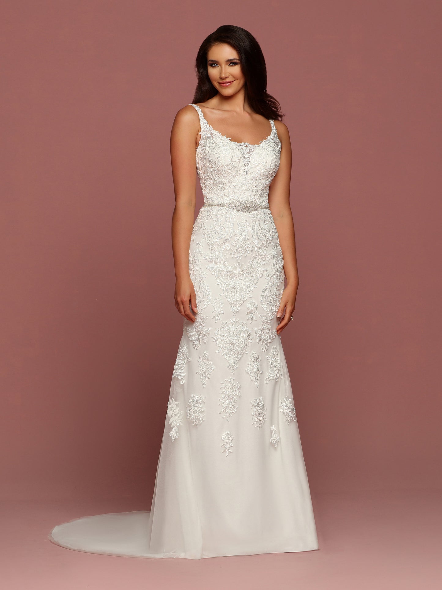 Davinci Bridal 50493 is a ling fitted mermaid silhouette wedding dress. Featuring a sheer lace illusion plunging neckline. Lace embellished straps. Crystal Embellished Bridal waist belt. Lace disperses the further down it cascades.  Available for 1-2 Week Delivery!!!  Available Sizes: 2,4,6,8,10,12,14,16,18,20  Available Colors: Ivory