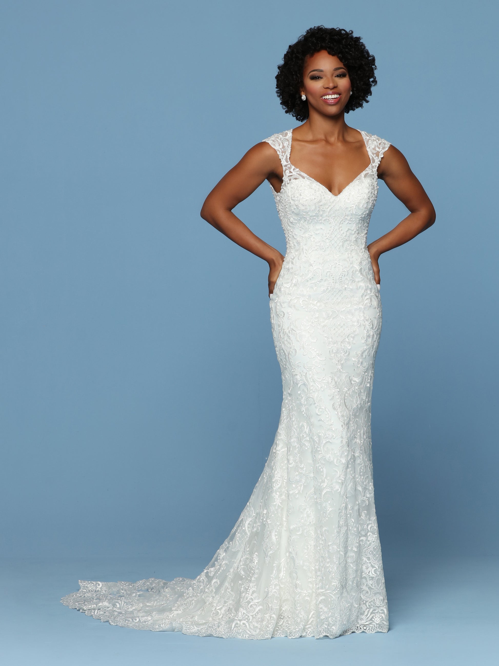 Davinci Bridal 50546 is an Embroidered Tulle Fitted Mermaid Silhouette. V Neckline with Sheer Embellished Cap Sleeve leading to a Sheer Illusion Keyhole Cutout Open Back.Button lined Zipper seam, Train with Embroidered lace edge.  Available for 1-2 Week Delivery!!!  Available Sizes: 2,4,6,8,10,12,14,16,18,20  Available Colors: Ivory