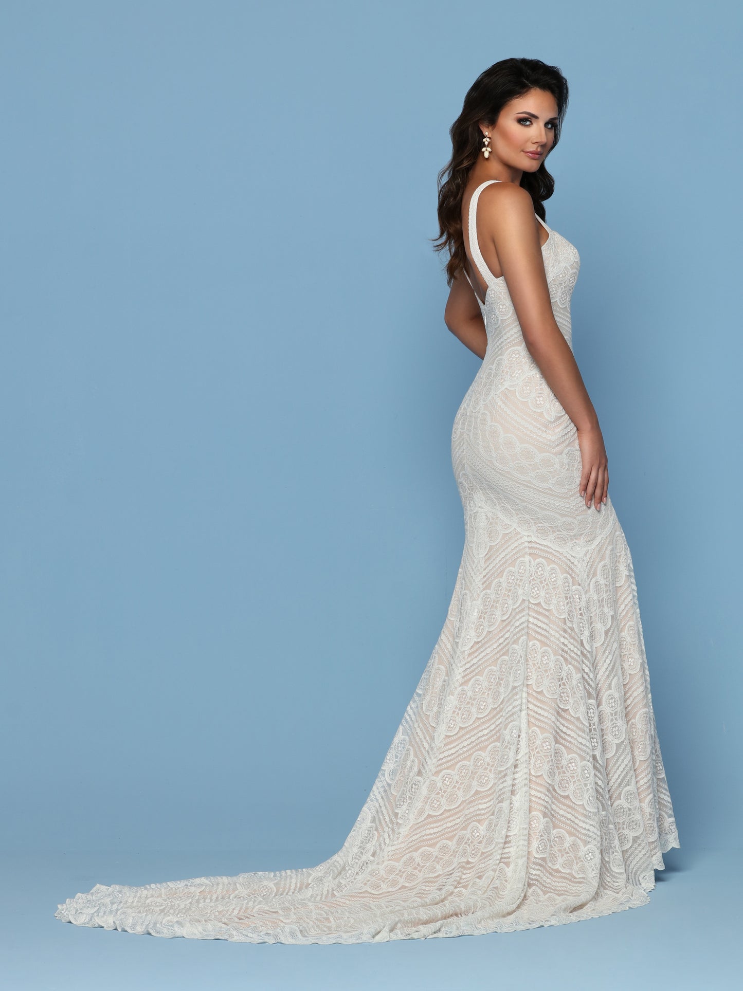 Davinci Bridal 50551 is a Beautiful Long Fitted All over Lace Wedding Dress with a Fitted Mermaid Silhouette. Sweetheart neckline with lace straps. Asymmetrical lace patterns give a sexy & Slimming affect. Train in the back  Available for 1-2 Week Delivery!!!  Available Sizes: 2,4,6,8,10,12,14,16,18,20  Available Colors: Ivory/Ivory, Ivory/Rose