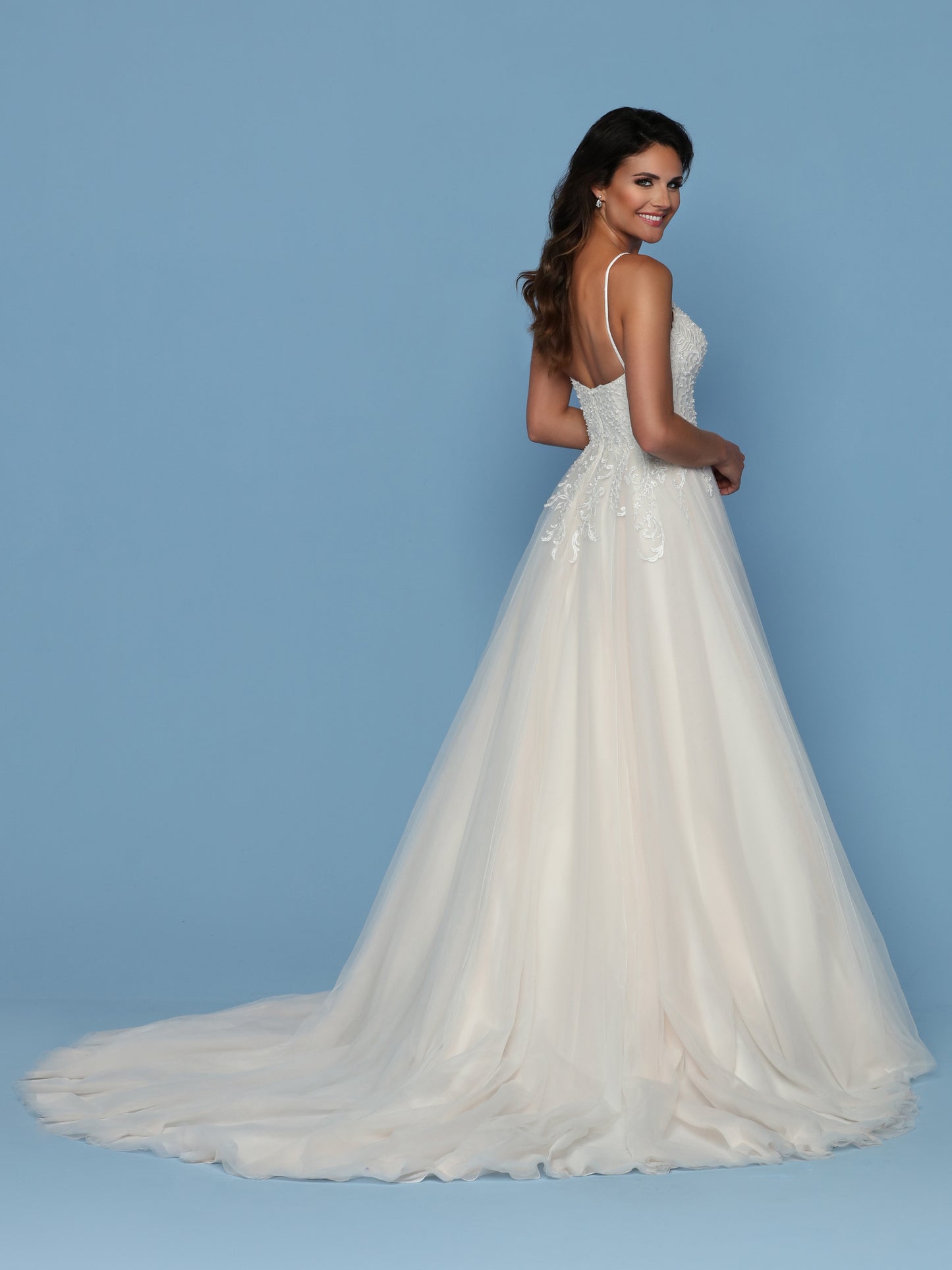 Davinci Bridal 50569 Features a Beaded Lace Bodice with Embellished Spaghetti Straps and lace cascading from the bodice into the tulle A Line Skirt. Train flowing from the back.  Available for 1-2 Week Delivery!!!  Available Sizes: 2,4,6,8,10,12,14,16,18,20  Available Colors: Ivory/Ivory, Ivory/Blush