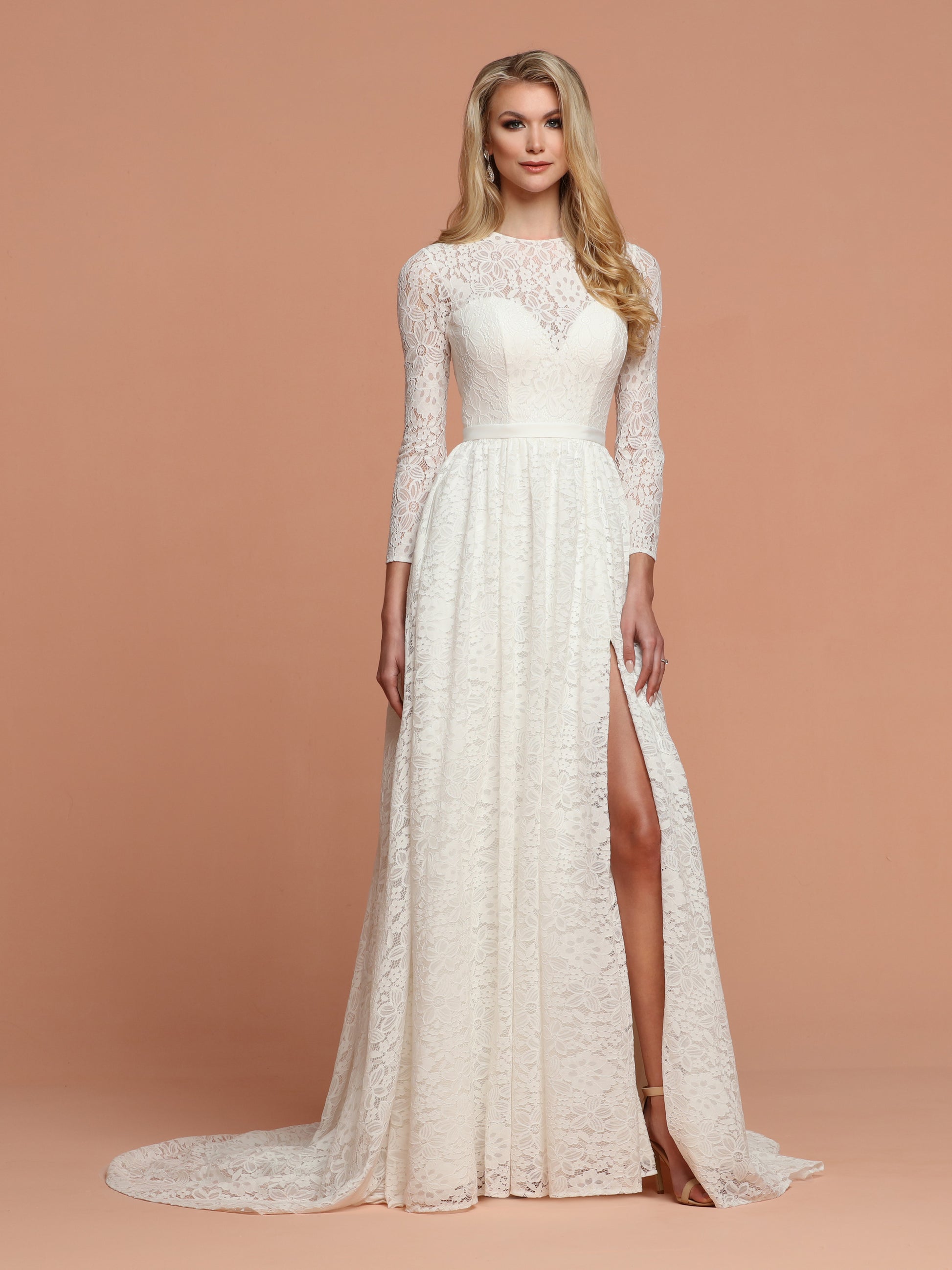 Davinci Bridal 50596 is a Long All over Lace Wedding Dress. Featuring 2/4 Length Sheer Lace sleeves. a sheer lace high neckline and back. Illusion sweetheart neckline. Lace Skirt Features a high slit and stunning train.   Available for 1-2 Week Delivery!!!  Available Sizes: 2,4,6,8,10,12,14,16,18,20  Available Colors: Ivory