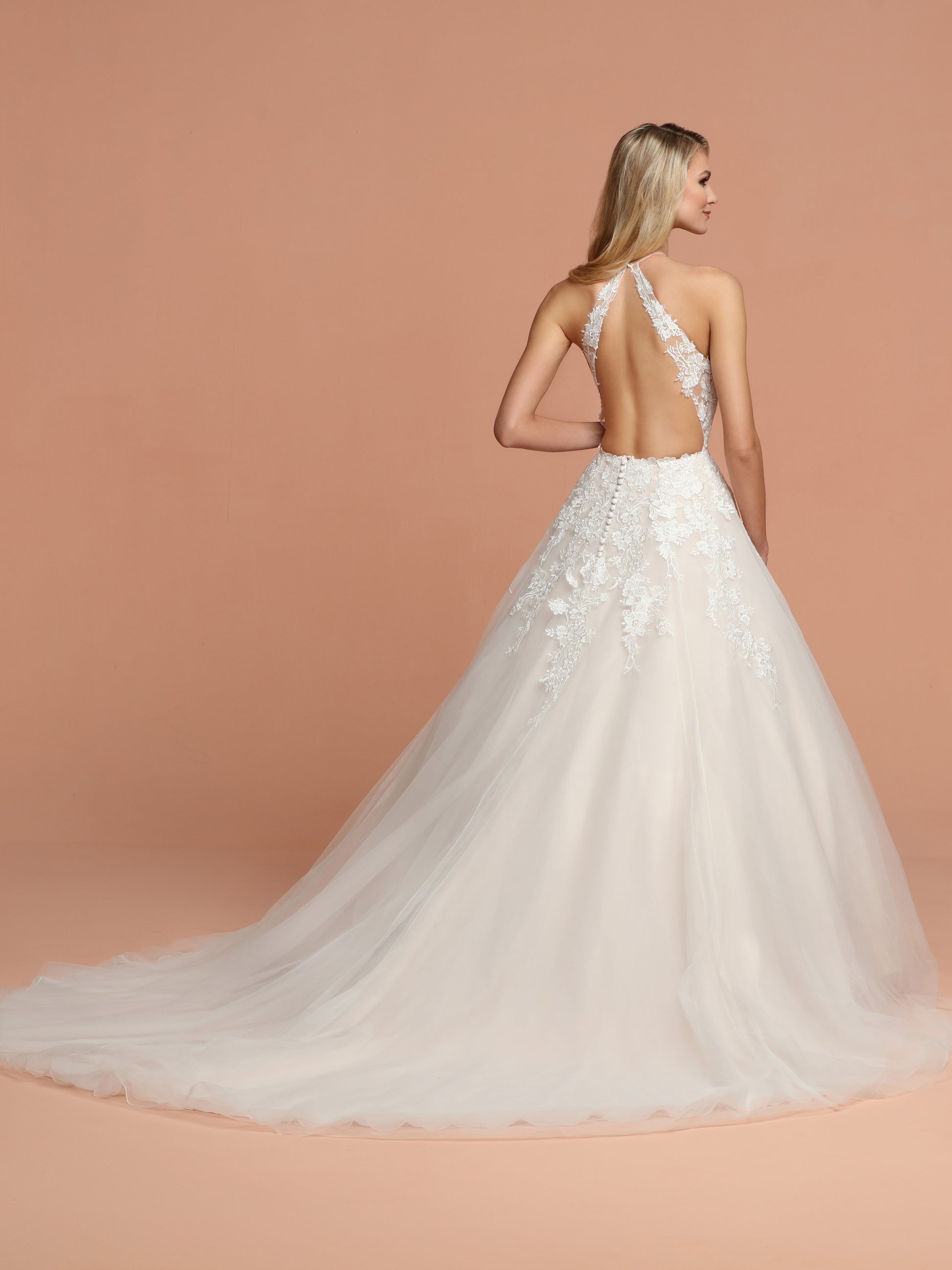 Davinci Bridal Style 50598 is a long Tulle Ballgown with a sheer Embroidered lace high neckline overlaying a plunging neckline and sheer lace wrap around straps with an open back. full soft tulle skirt features a beautiful train.  Available for 1-2 Week Delivery!!!  Available Sizes: 2,4,6,8,10,12,14,16,18,20  Available Colors: Ivory/Blush, Ivory/Ivory