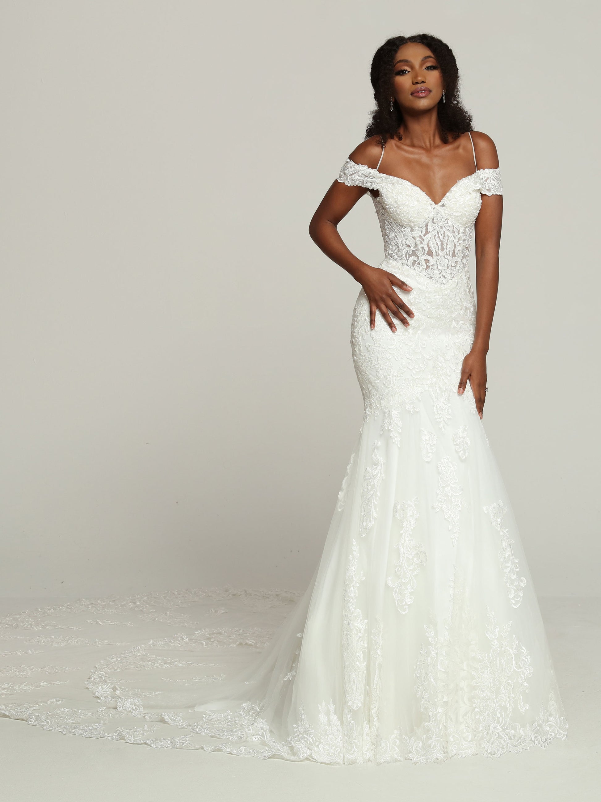 Davinci Bridal 50686 Sheer Beaded off the shoulder mermaid Wedding Dress Bridal Gown Train This Modern Lace & Tulle Fit & Flare Wedding Dress features a Sheer Beaded Lace Bodice with a Sweetheart Neckline, Off the Shoulder Straps & Slender Cold Shoulder Straps. Lace Applique Highlights the Dress to Below the Hip & Accents the Dramatic Mermaid-Style Skirt with its Double-Layer Chapel Train.