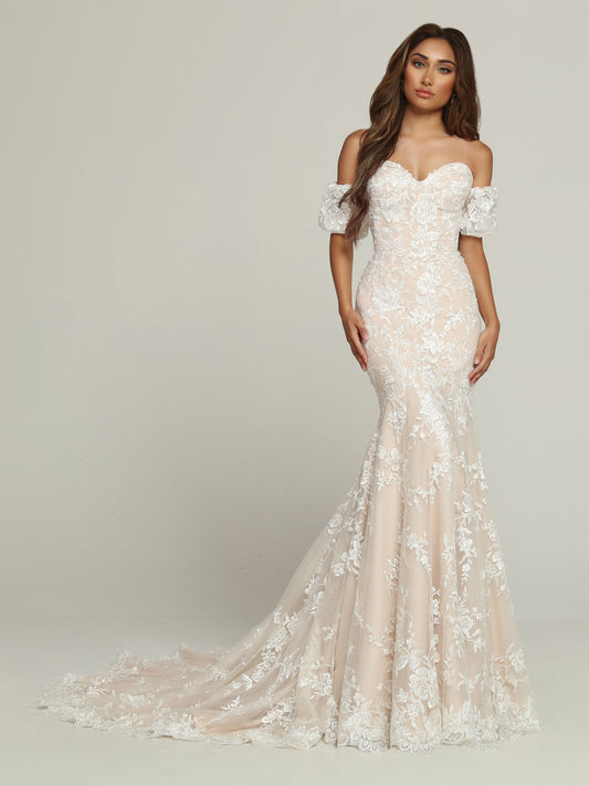 Davinci Bridal 50698 Long Lace Fitted Mermaid Wedding Dress Puff Sleeve Bridal Gown off Shoulder A Timeless Look with a Modern Vibe, this Lace & Tulle Fit & Flare Sheath Wedding Dress features Allover Lace from Neckline to Hem. Off the Shoulder Lace Straps add Style to the Strapless Sweetheart Neckline. The Skirt Flares Below the Knee & Finishes with a Chapel Train.