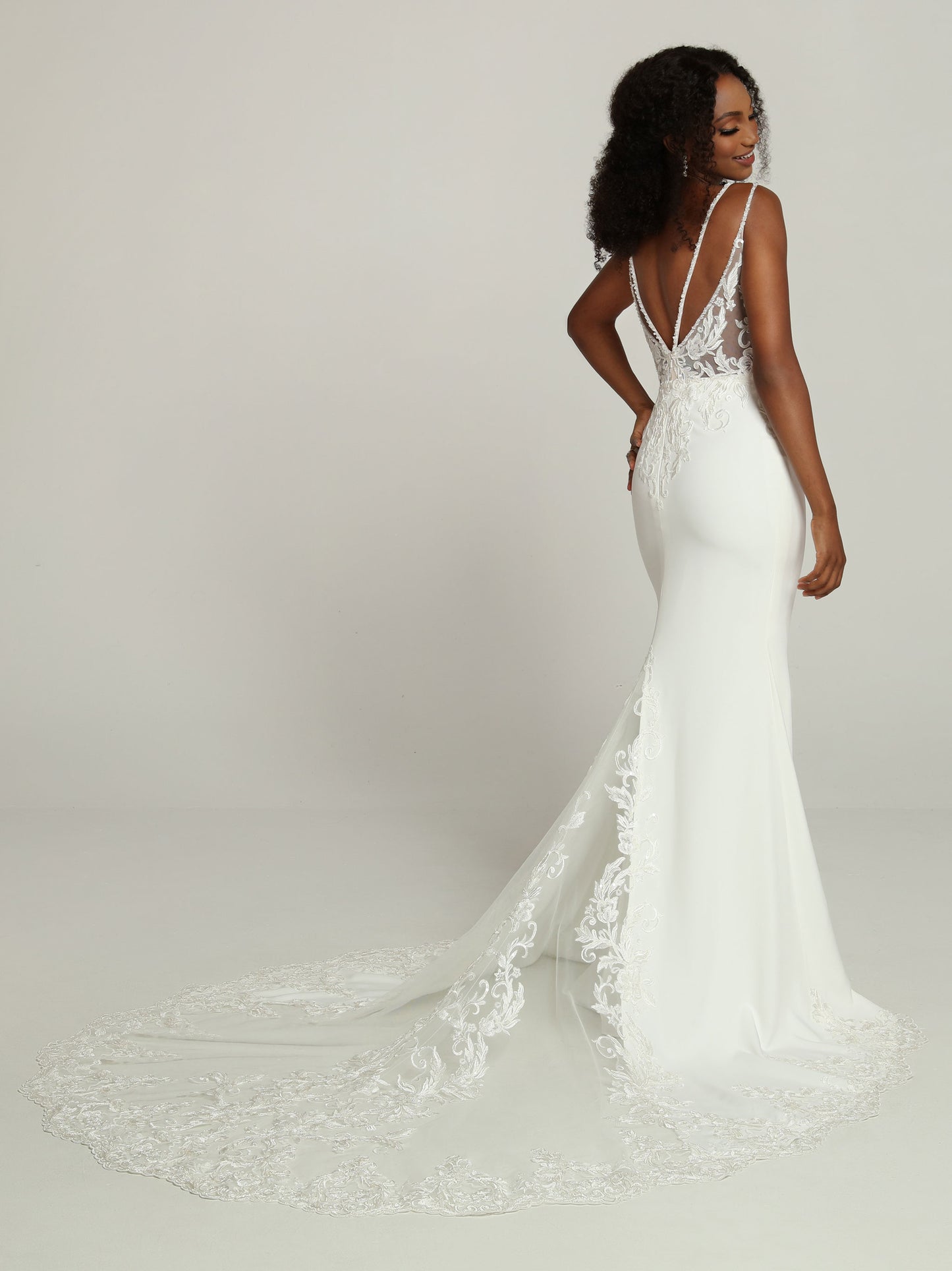 Davinci Bridal 50708 Fitted Satin Lace Wedding Dress Sheer Train Bridal Gown Beaded Minimalist with Flair, this Soft Satin Sheath Fit & Flare Wedding Dress features a Lace Applique Bodice with a Plunging V-Neckline. Double Shoulder Straps create a V-Design that Highlights the Open Back & Sheer Lace Sides. The One-of-a-Kind Skirt features a Back Slit with a Sheer Chapel Train & Lace Applique Accents.