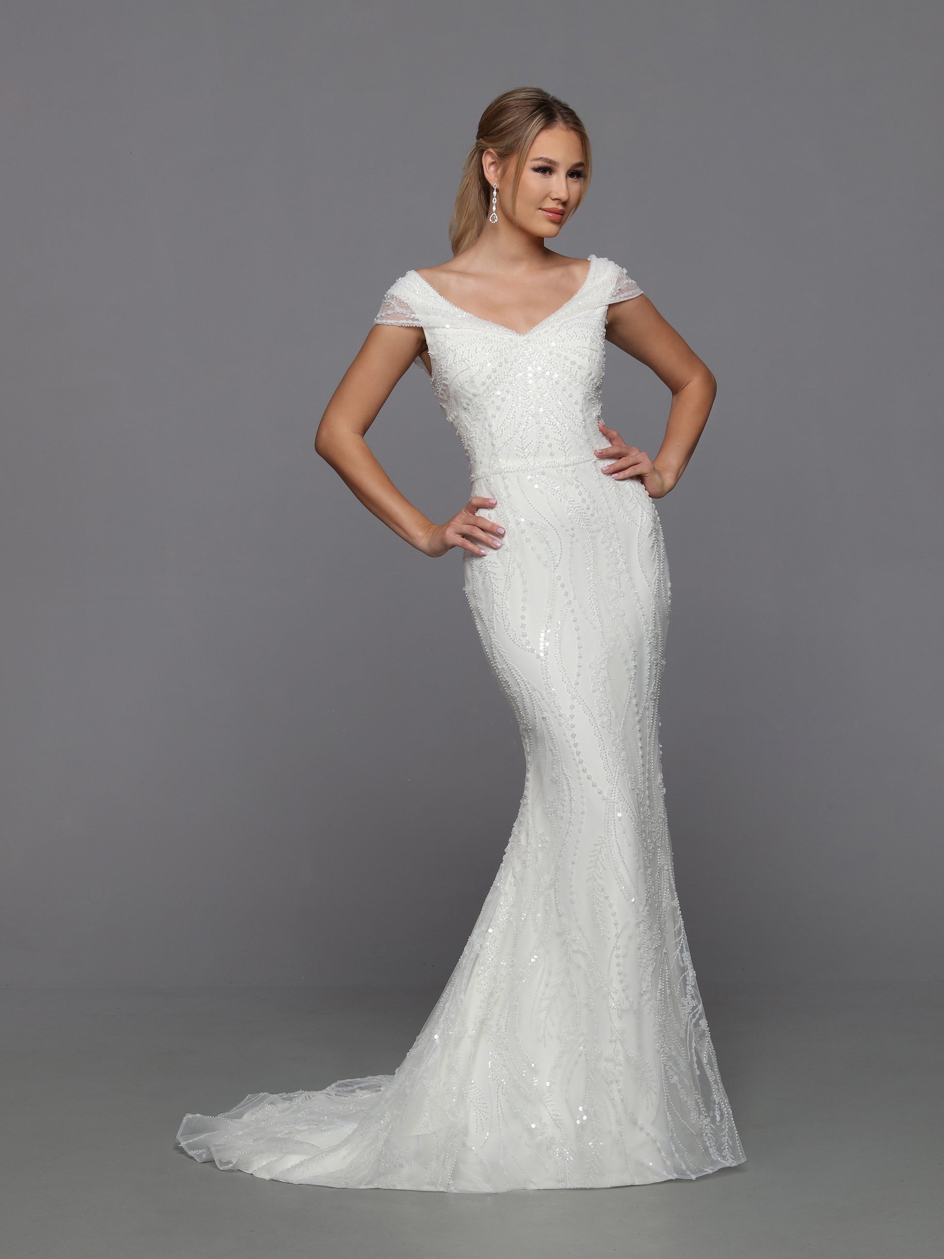 Davinci Bridal 50762 Long fitted Beaded Sequin Mermaid Bridal Gown with detachable  Overskirt off the Shoulder Cap sleeves and a corset lace up back.  Sizes: Ivory  Colors: 0-28