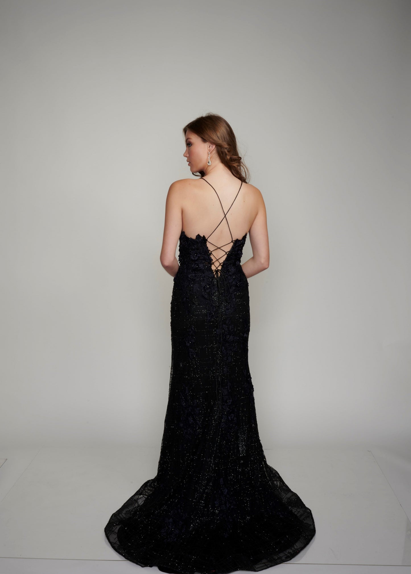 Nina Canacci 5209 Long Glitter Lace Formal Prom Dress Pageant Gown Backless Corset 3D Floral Lace  Available Size- 0-18  Available Color- Black, Red