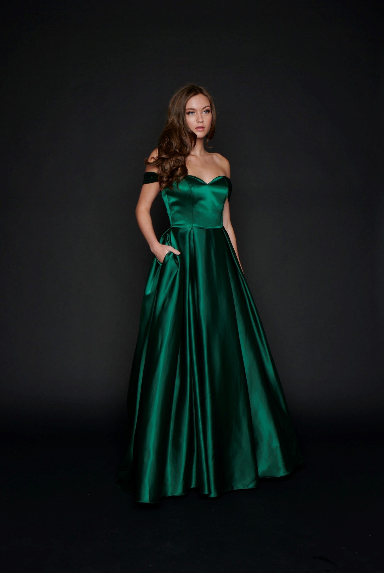 Nina Canacci 5214 Long Satin off the shoulder Ballgown Prom Dress Pageant Gown Pockets  Available Size- 4-24  Available Color-Red, Emerald 