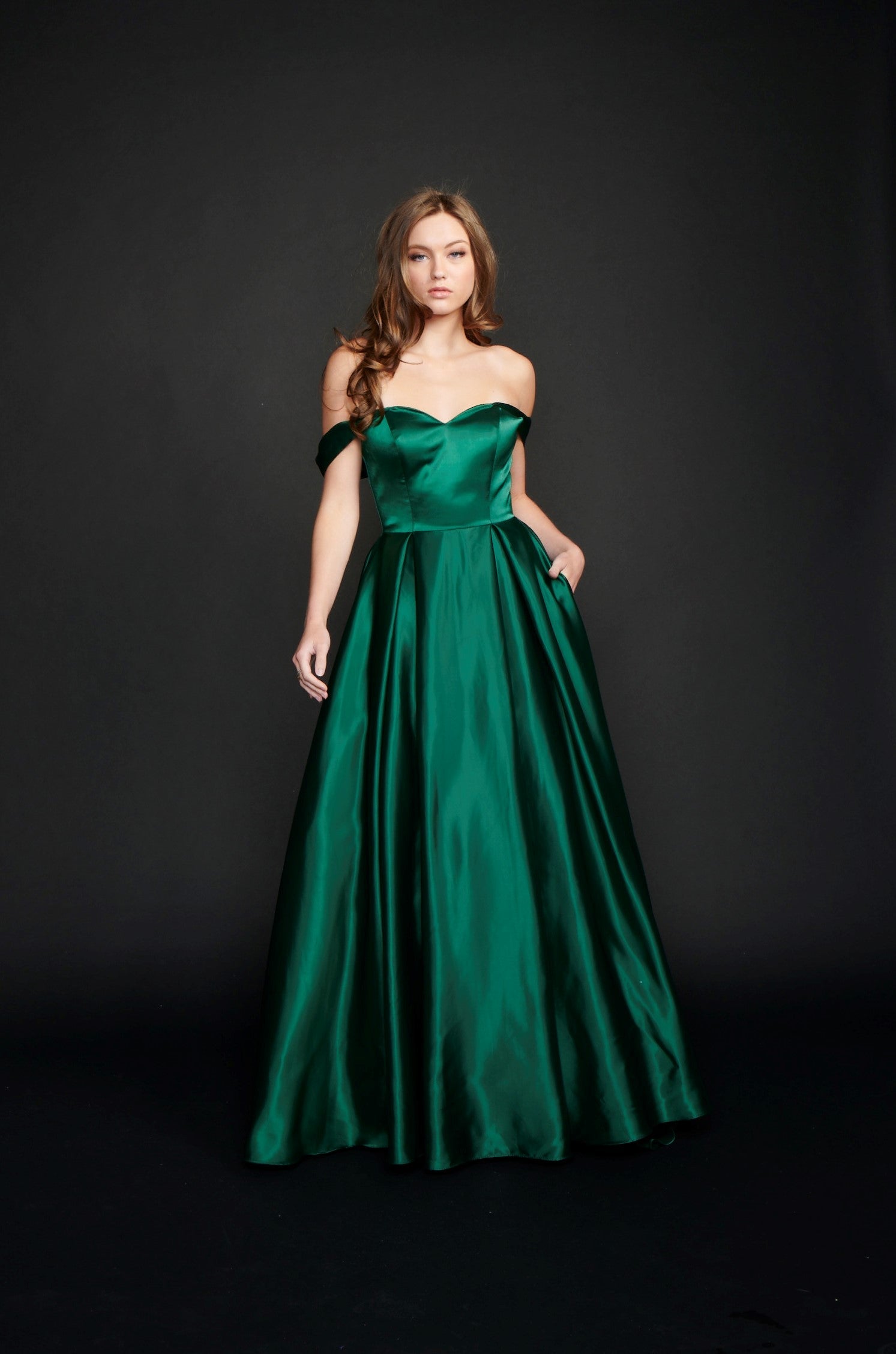 Nina Canacci 5214 Long Satin off the shoulder Ballgown Prom Dress Pageant Gown Pockets  Available Size- 4-24  Available Color-Red, Emerald 