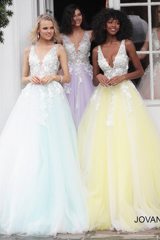 Jovani 55634 floral appliques v neckline prom dress ballgown Tulle ballgown, floor length, floral appliques, sheer sleeveless bodice, bra cups, v neckline and back.  Available Colors: black, champagne, navy/black, off white/blush, off white/light blue, off white/off white, off white/yellow, off white/ lilac, red, teal  Available Sizes: 00 - 24