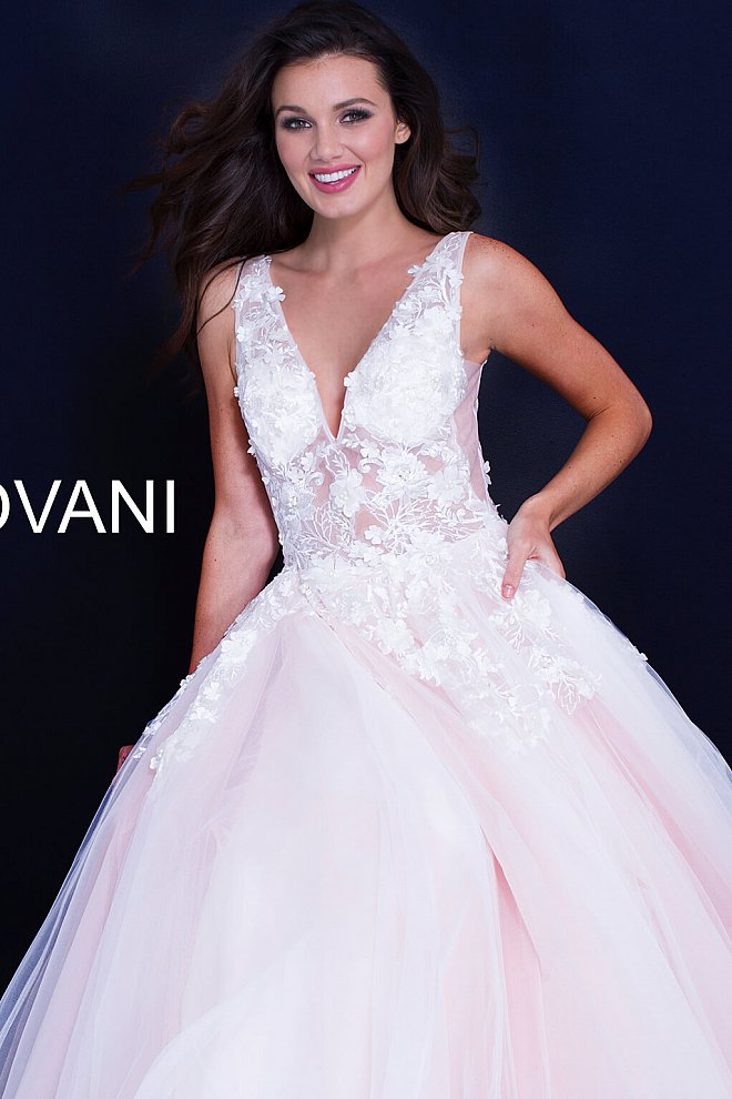 Jovani 55634 v neckline lace floral applique and tulle prom dress ball gown. Tulle ballgown, floor length, floral appliques, sheer sleeveless bodice, bra cups, v neckline and back. Available Colors: black/black, fuchsia, champagne, navy/black, off white/blush, off white/light blue, off white/off white, off white/yellow, off white/ lilac, red, teal  Available Sizes: 00 - 24