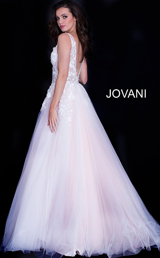 Jovani 55634 floral appliques v neckline prom dress ballgown Tulle ballgown, floor length, floral appliques, sheer sleeveless bodice, bra cups, v neckline and back.  Available Colors: black, champagne, navy/black, off white/blush, off white/light blue, off white/off white, off white/yellow, off white/ lilac, red, teal  Available Sizes: 00 - 24