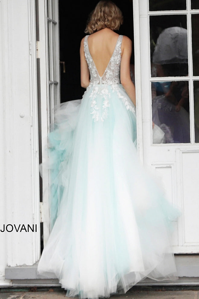 Jovani 55634 v neckline lace floral applique and tulle prom dress ball gown. Tulle ballgown, floor length, floral appliques, sheer sleeveless bodice, bra cups, v neckline and back. Available Colors: black/black, fuchsia, champagne, navy/black, off white/blush, off white/light blue, off white/off white, off white/yellow, off white/ lilac, red, teal  Available Sizes: 00 - 24