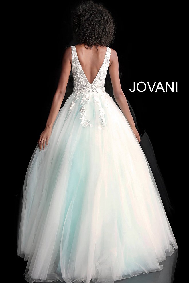 Jovani 55634 v neckline lace floral applique and tulle prom dress ball gown. Tulle ballgown, floor length, floral appliques, sheer sleeveless bodice, bra cups, v neckline and back. Available Colors: black/black, fuchsia, champagne, navy/black, off white/blush, off white/light blue, off white/off white, off white/yellow, off white/ lilac, red, teal  Available Sizes: 00 - 24