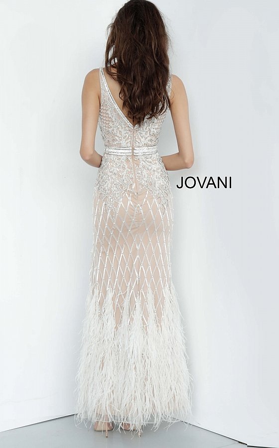 Jovani 55796 v neckline embellished prom dress with feather skirt