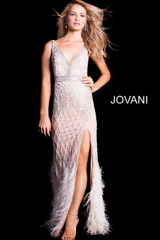 Jovani 55796 v neckline embellished prom dress with feather skirt