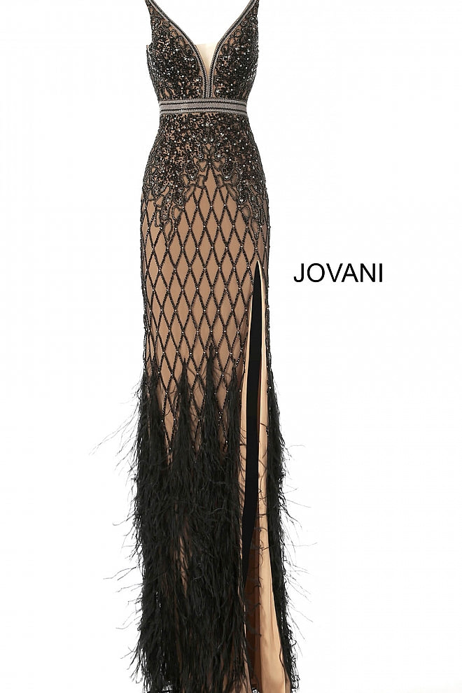 Jovani 55796 v neckline embellished prom dress with feather skirt