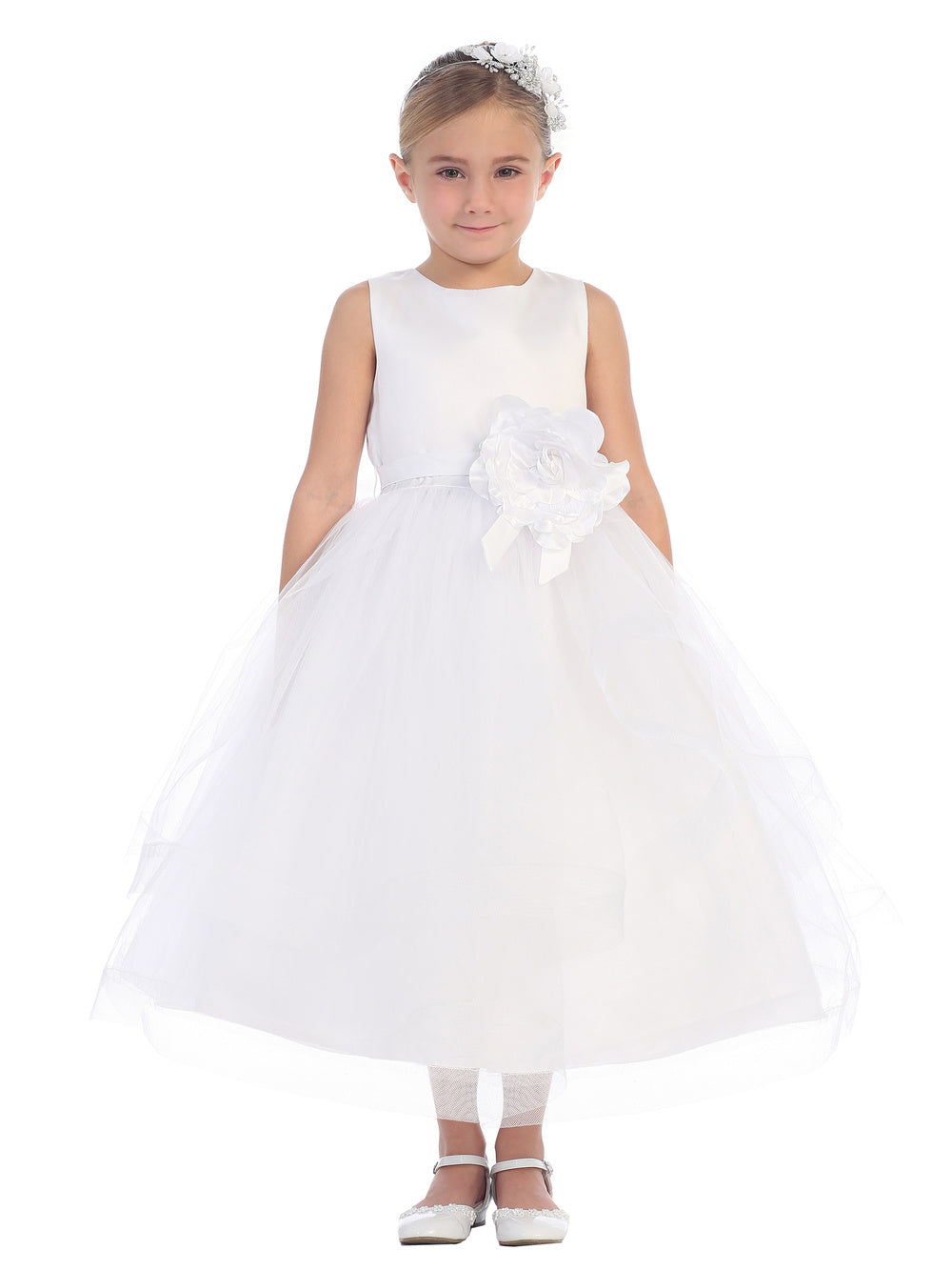 5661 Size 2 White Girls Tea Length Flower Girl Dress Satin