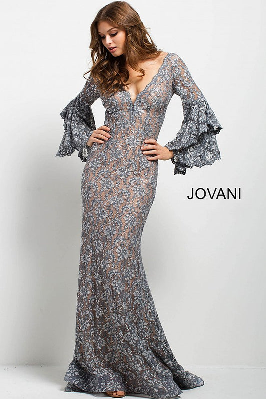 Jovani 57048 Size 6 Navy long bell sleeves evening gown embellished lace mermaid prom dress