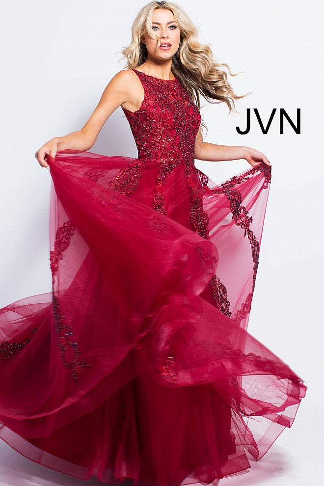 JVN59046 Burgundy prom dress with sheer lace applique high neckline and sheer full back lace applique coverage with zipper and long tulle ball gown skirt 