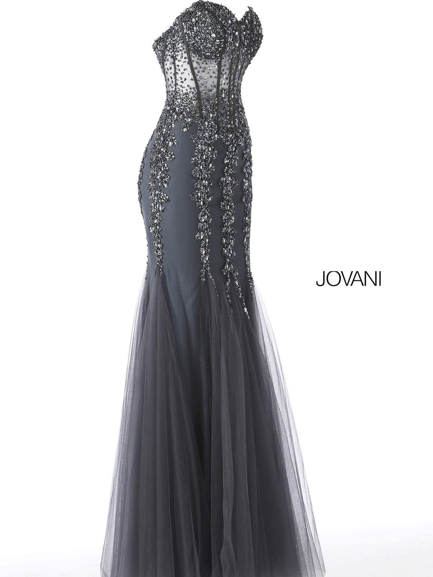 Jovani 5908 Long Sheer Corset Strapless formal prom and Pageant dress mermaid tulle trumpet skirt crystal rhinestone embellished evening gown fit & Flare 2021 Gown Sequin sweetheart 