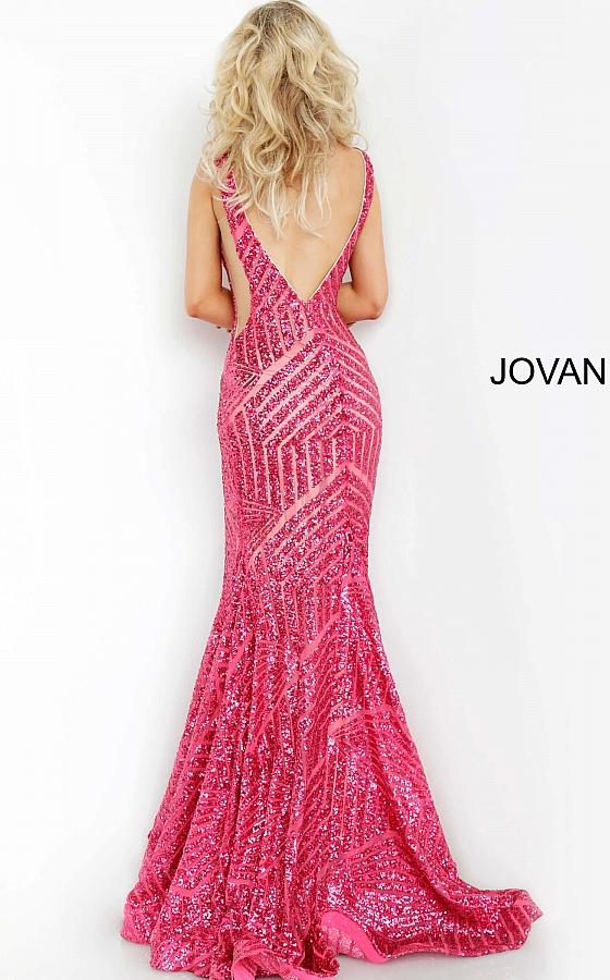 Long Jovani 59762 Prom Dress, Featuring a plunging neckline & A Fully sequined Fitted Mermaid Bodice. This Open V Back Pageant Gown & prom dress is perfect for the stage is has a lush trumpet sequin embellished skirt and sweeping train. 