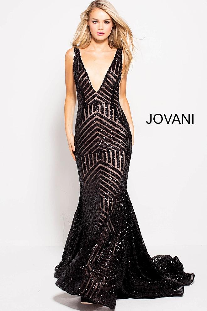 Long Jovani 59762 Prom Dress, Featuring a plunging neckline & A Fully sequined Fitted Mermaid Bodice. This Open V Back Pageant Gown & prom dress is perfect for the stage is has a lush trumpet sequin embellished skirt and sweeping train. 