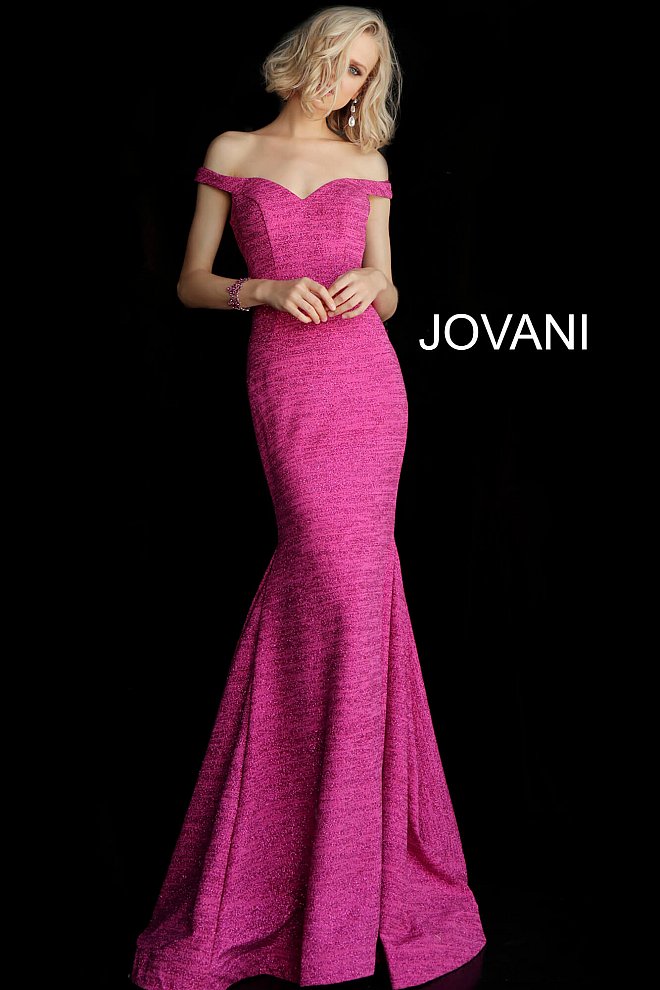 Jovani 60122  Glitter fitted prom dress with off-the-shoulder fitted bodice and sweetheart neckline, straight closed back with zipper closure and floor-length fitted skirt with a flared end. Pageant gown, evening gown.   Available colors:  Berry, Black, Black/Gold, Blush, Burgundy, Fuchsia, Gunmetal, Jade, Mauve, Navy, Ocean, Peacock, Red, Royal, Sand, Soft Blue/Silver, White  Available sizes:  00, 0, 2, 4, 6, 8, 10, 12, 14, 16, 18, 20, 22, 24