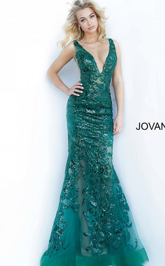 Jovani 60283 Plunging Neckline Prom Dress 60283 Evening Gown Sheer mesh, sequin flower appliques, form fitting silhouette, floor length, sleeveless bodice, plunging V neck, V back, sheer mesh inserts on the sides. Long sheer embroidered and sequined deep v-neck sleeveless formal gown with an open v-back by Jovani. sheer bodice & Top as well as skirt. Backless Dress Open Back Red Carpet Dress 