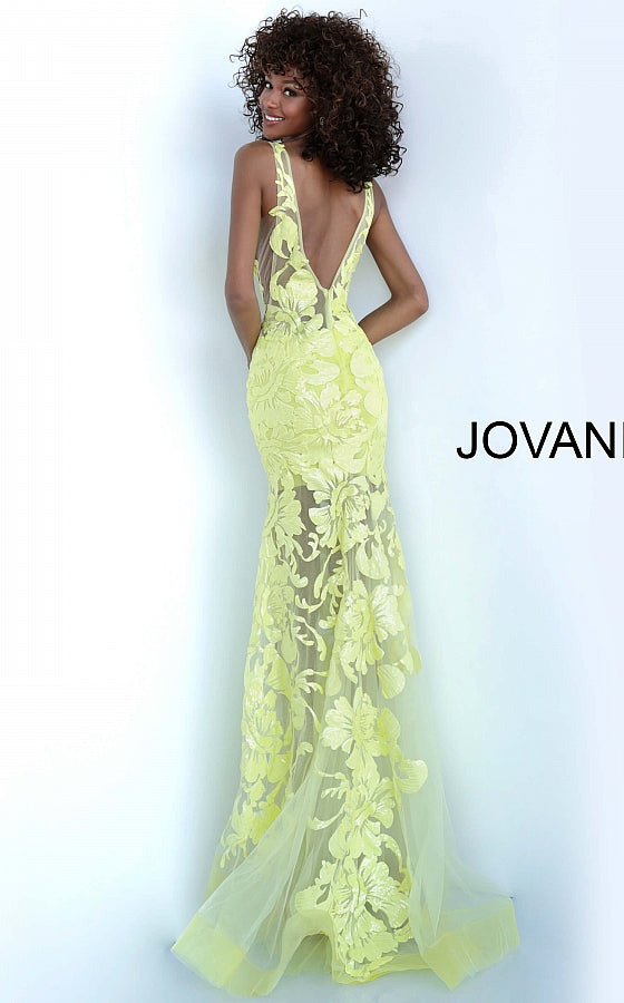 Jovani 60283  Plunging Neckline Prom Dress 60283 Evening gown Sheer mesh, sequin flower appliques, form fitting silhouette, floor length, sleeveless bodice, plunging V neck, V back, sheer mesh inserts on the sides. Available size 10 - Red