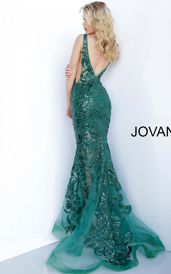 Jovani 60283  Plunging Neckline Prom Dress 60283 Evening gown Sheer mesh, sequin flower appliques, form fitting silhouette, floor length, sleeveless bodice, plunging V neck, V back, sheer mesh inserts on the sides. Available size 10 - Red