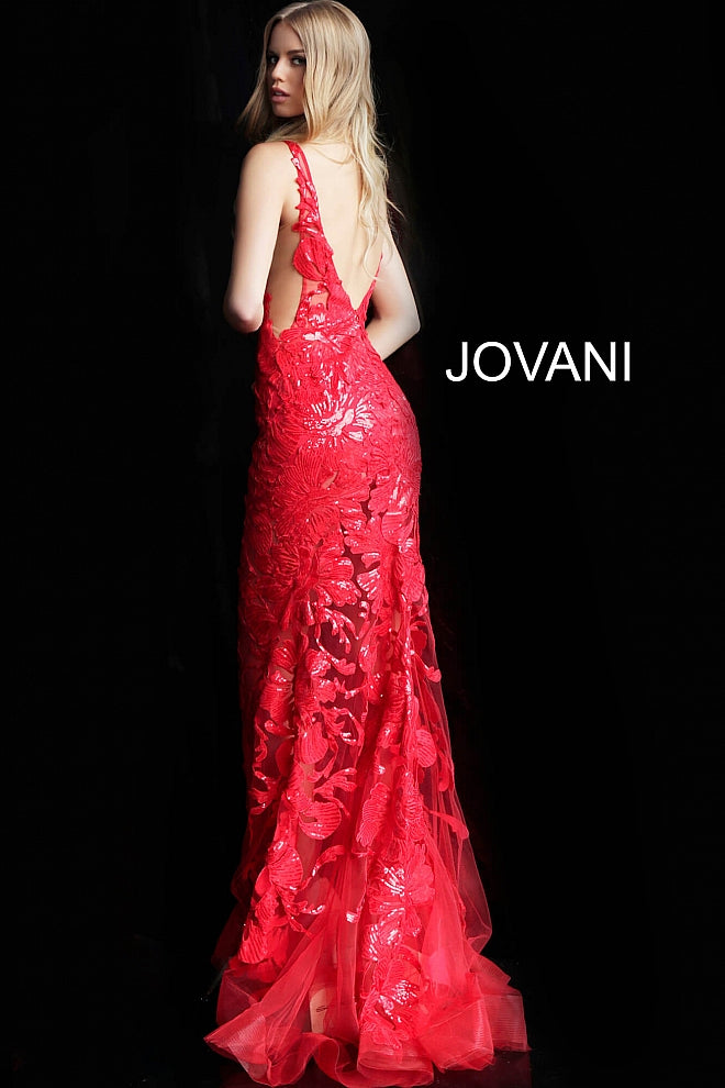 Jovani 60283  Plunging Neckline Prom Dress 60283 Evening gown Sheer mesh, sequin flower appliques, form fitting silhouette, floor length, sleeveless bodice, plunging V neck, V back, sheer mesh inserts on the sides. Available size 10 - Red