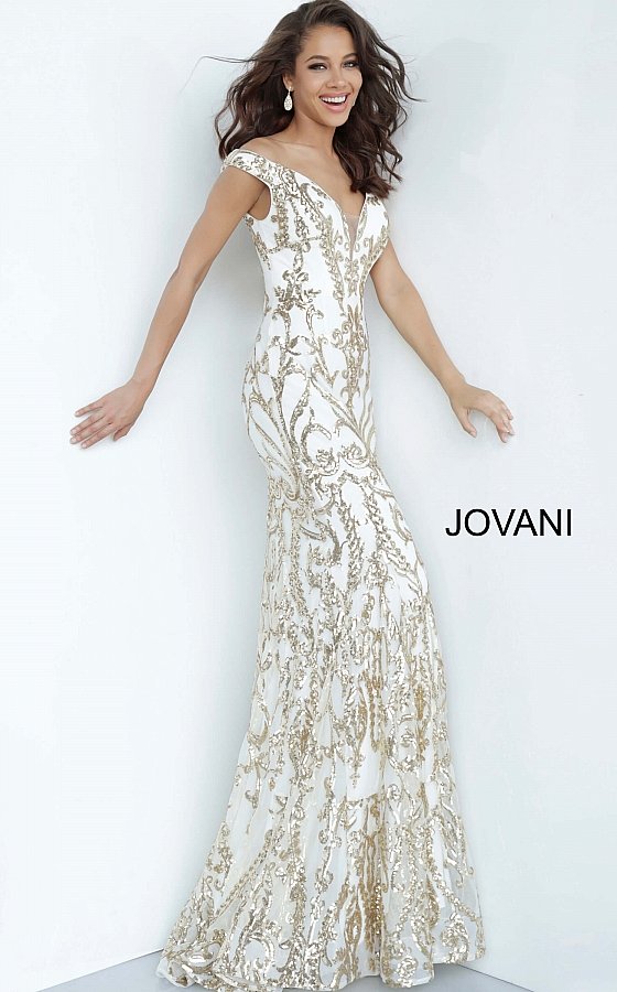 Jovani 63349 Long Fitted sequin embellished Damask Print pageant gown with off the shoulder straps, sexy fit & Flare mermaid 2020 prom dresses, Pageant dresses & Formal Evening wear by Jovani! Lush Skirt with sweeping train.