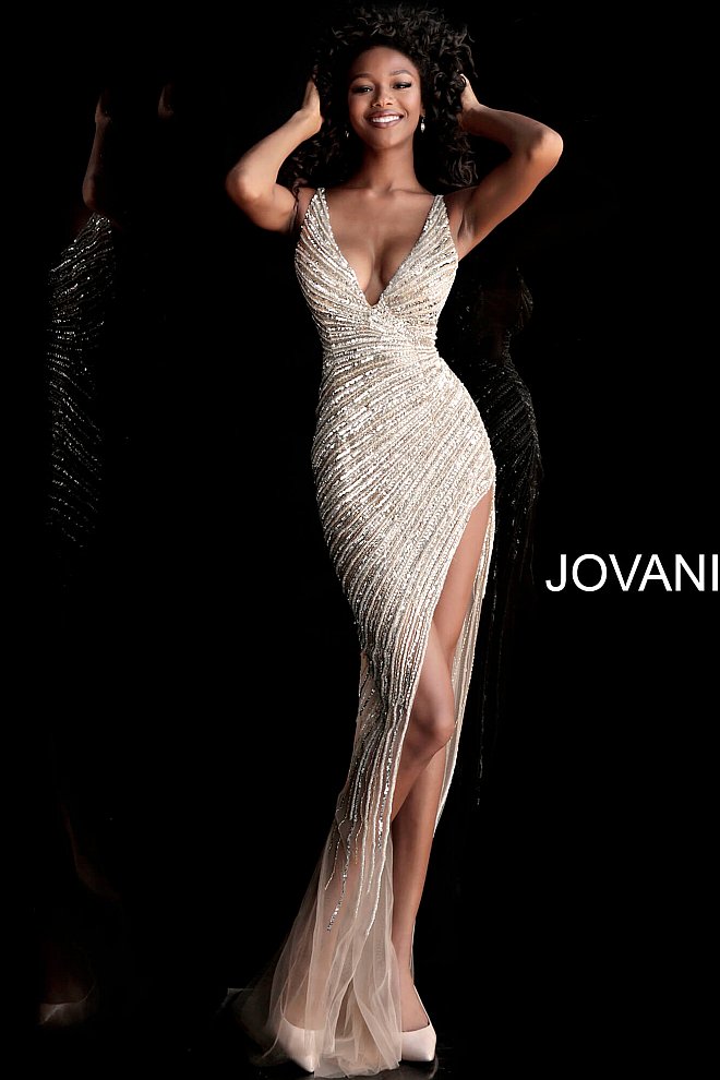 Jovani 63405 Sheer High Low Side Slit Beaded Formal Dress Prom Pageant Gown fully beaded long prom dress with low v-neckline, sleeveless fitted bodice, sheer side panels and v-back, floor length fitted sheer skirt with high open side slit. Glass Slipper Formals