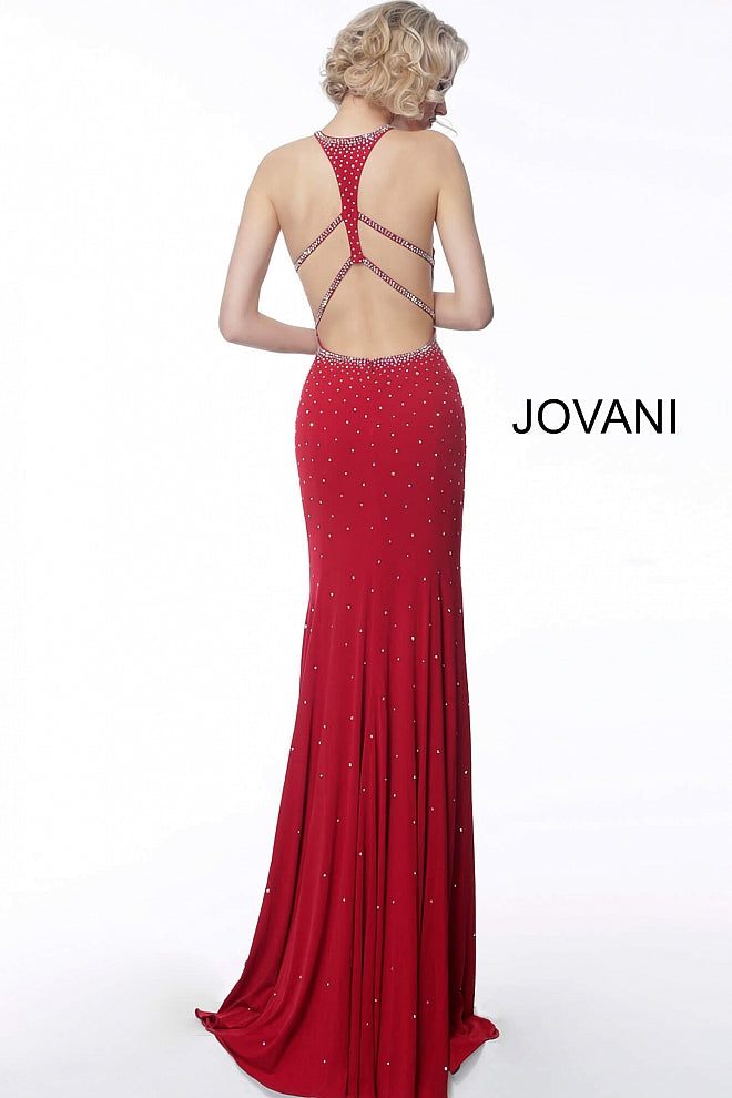 Jovani 67101 Long keyhole neckline embellished prom dress Fit Flare Open Back